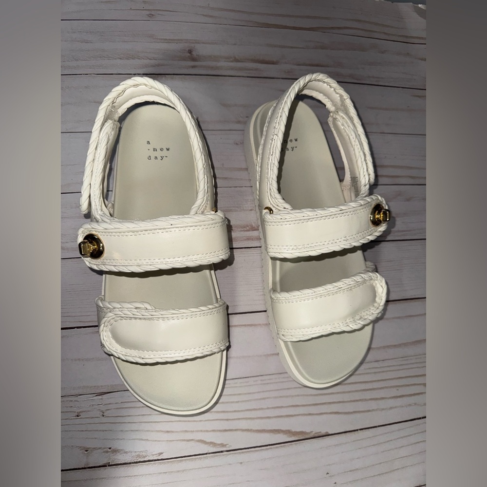 9.5 A New Day White Braided-Strap Platform Sandals with Gold Accents